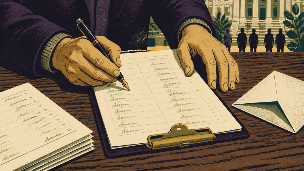 Illustration of hands signing a petition on a clipboard