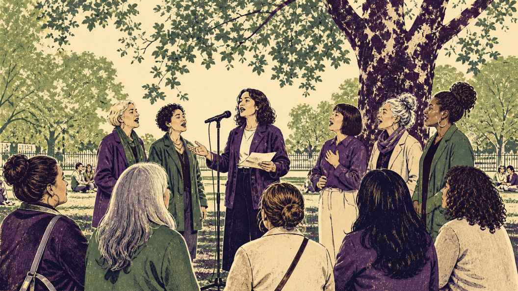 Illustration of women speaking and singing around a microphone in a public park